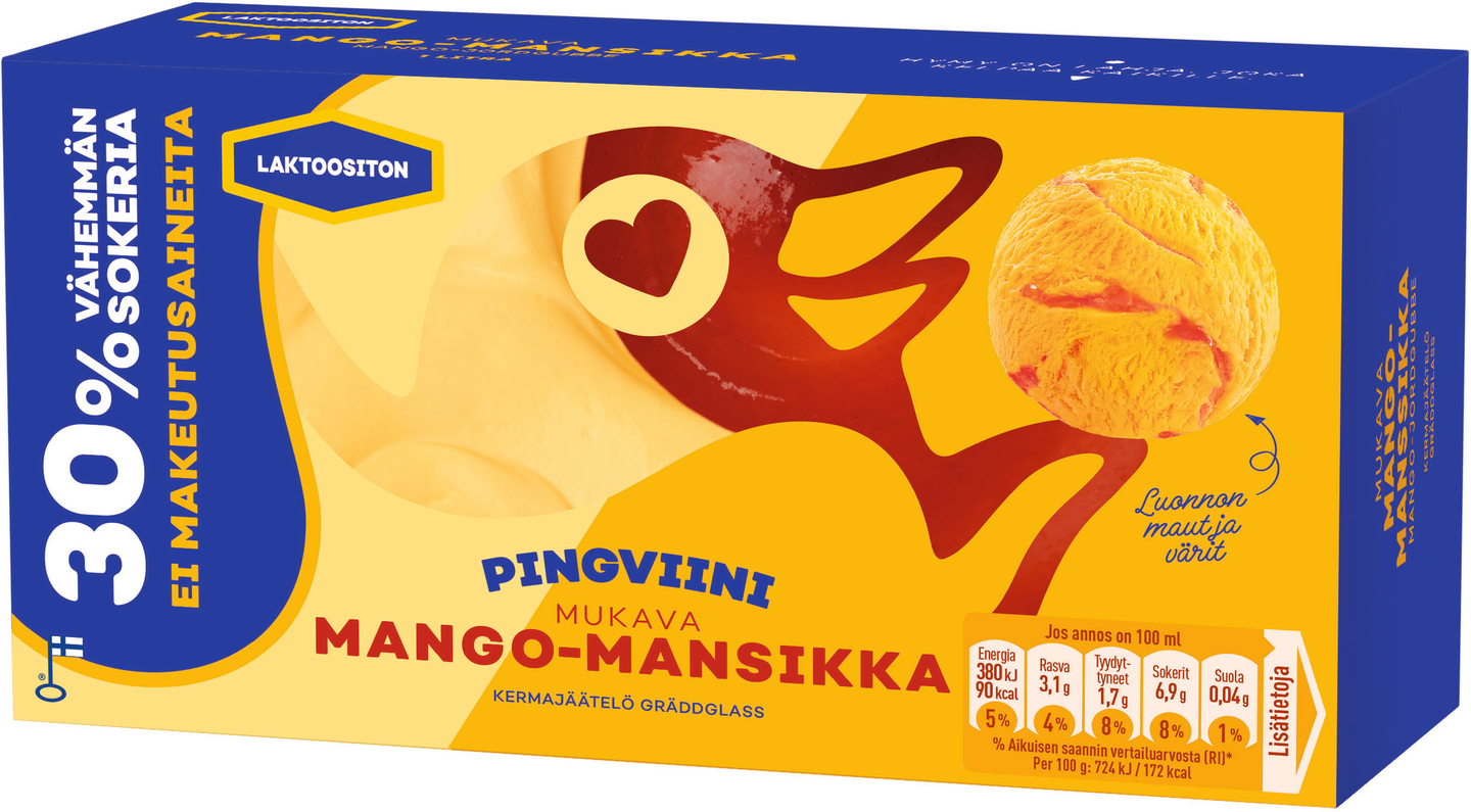 Pingviini Laktoositon kermajäätelö kotipakkaus Mango-Mansikka 525g/1L