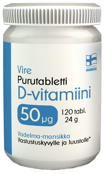 Vire D3-vitamiinivalmiste vadelman ja mansikan makuinen purutabletti 120 tablettia 24g