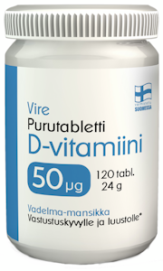 Vire D3-vitamiinivalmiste vadelman ja mansikan makuinen purutabletti 120 tablettia 24g