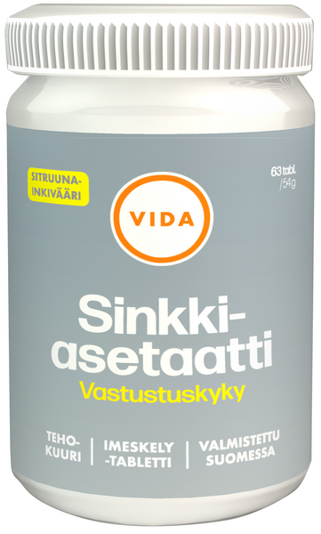 Vida ravintolisävalmiste sinkki-asetaatti imesketävä sitruuna-inkivääri 63 tabettia  54g