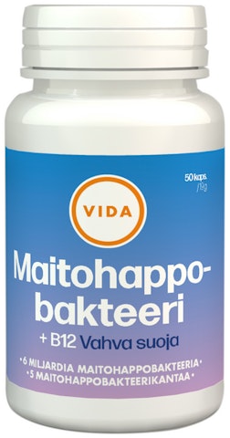 Vida ravintolisävalmiste maitohappobakteeri + B12-vitamiini 50 kapselia / 19 g