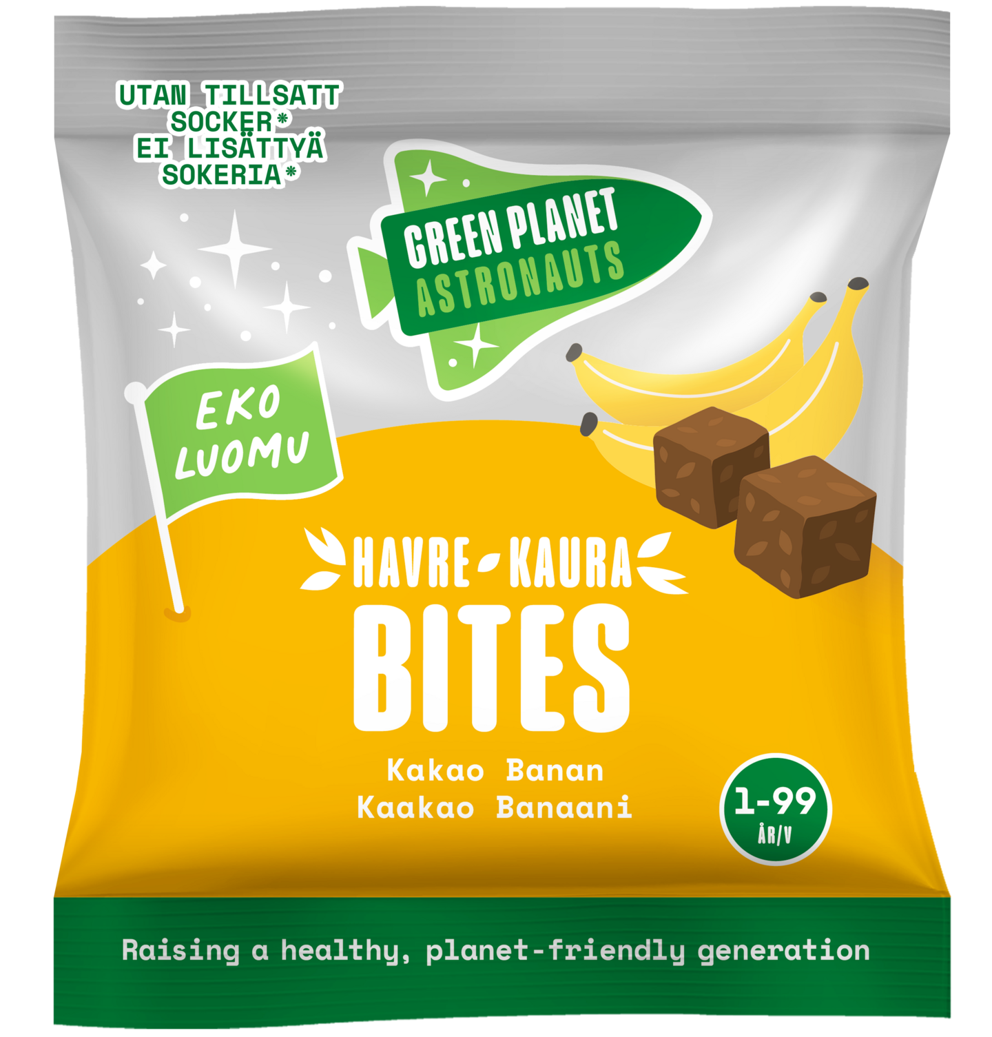 Green Planet Astronauts Luomu Kaura Bites Kaakao-Banaani 25g 12kk