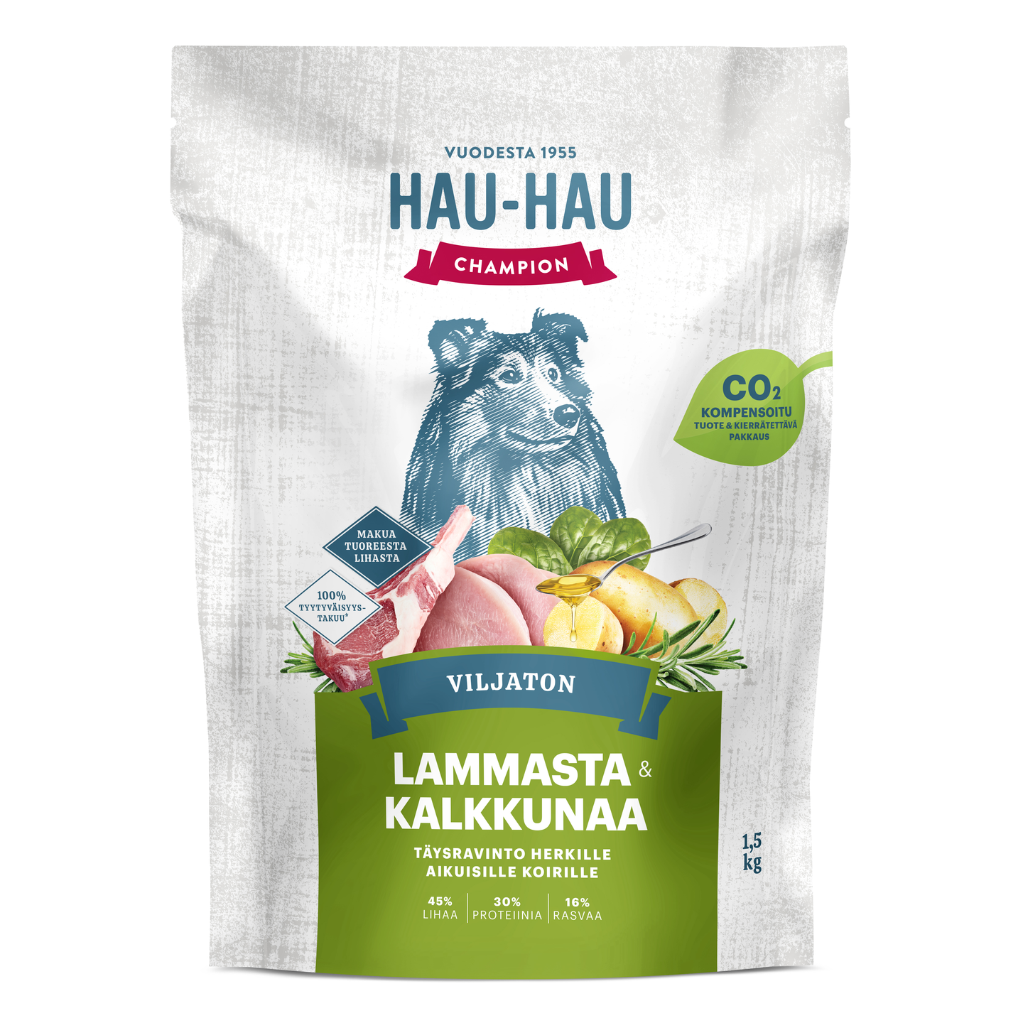 Hau-Hau Champion Lammasta ja kalkkunaa viljaton aikuisille koirille 1,5 kg