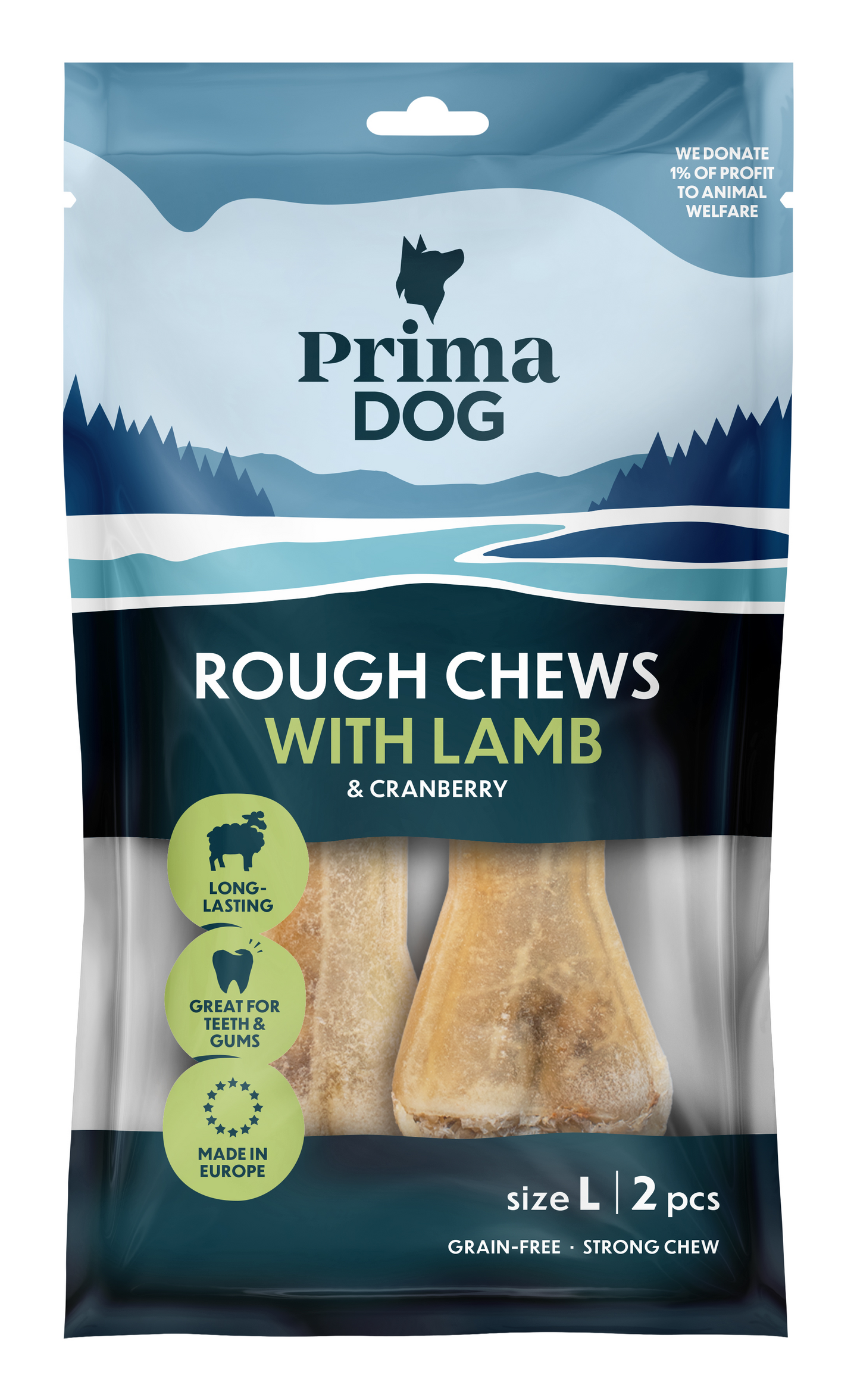 PrimaDog Rough Chews täytetty puruluu L 2kpl 140g lammas-karpalo