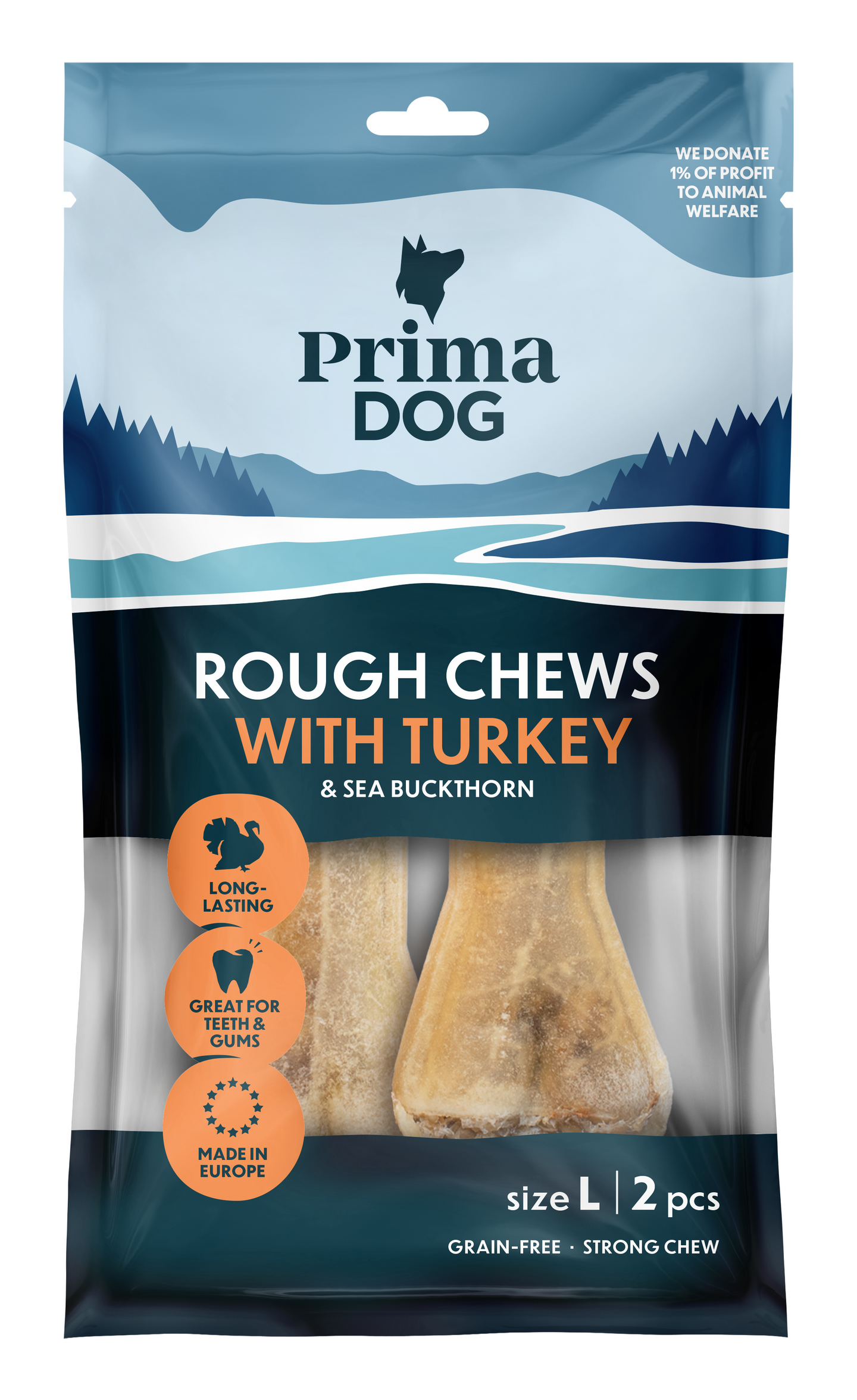 PrimaDog Rough Chews täytetty puruluu L 2kpl 140g kalkkuna-tyrni