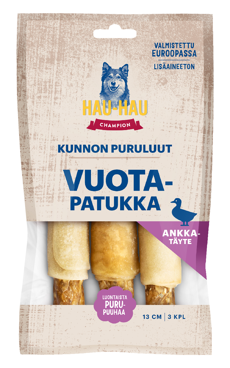 Hau-Hau Champion Kunnon puruluut Vuotapatukka ankkatäytteellä 13cm 3kpl 150g