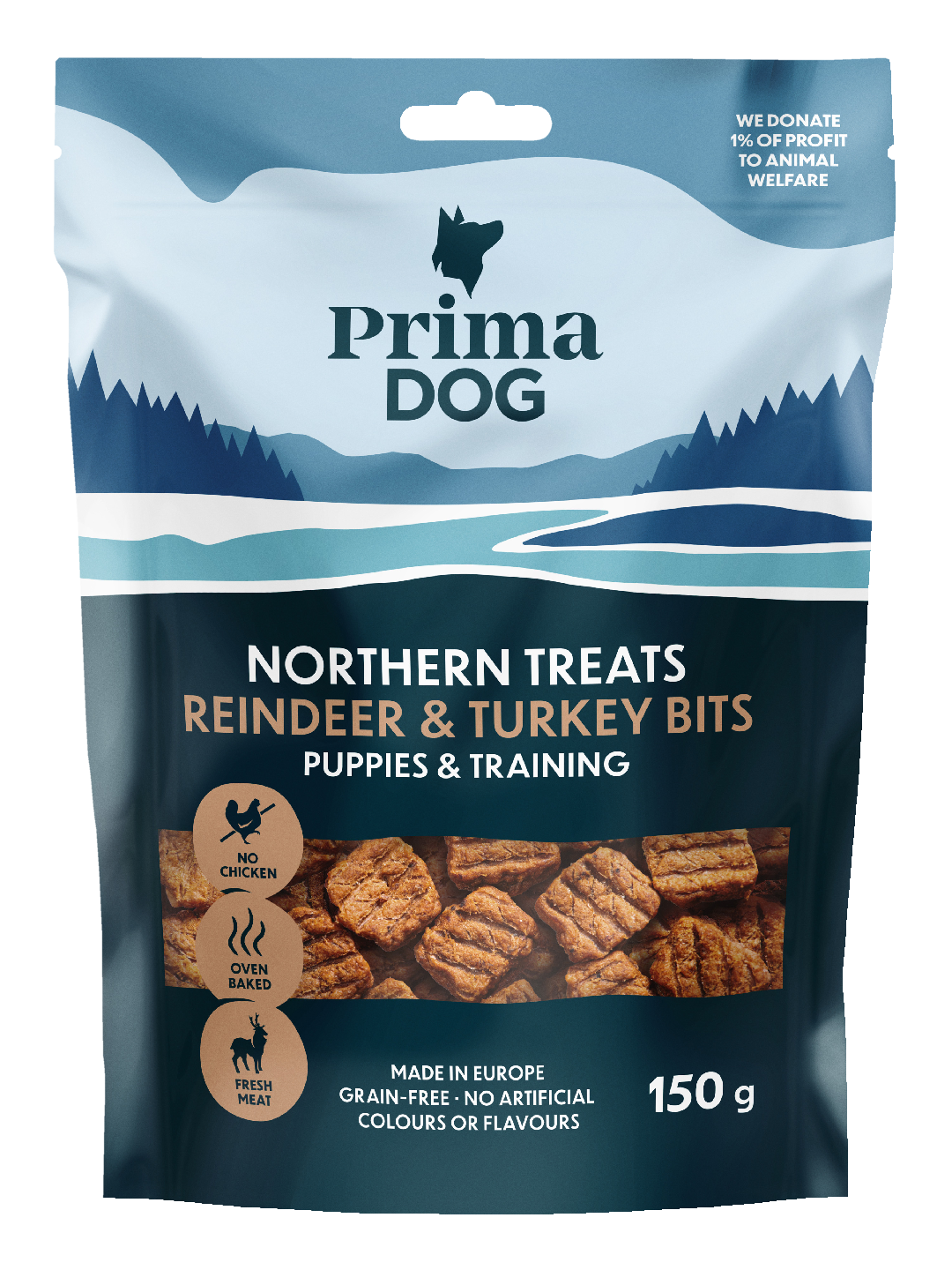 PrimaDog Northern Treats Bits Poro-Kalkkuna Pennuille ja Treenaamiseen 150 g