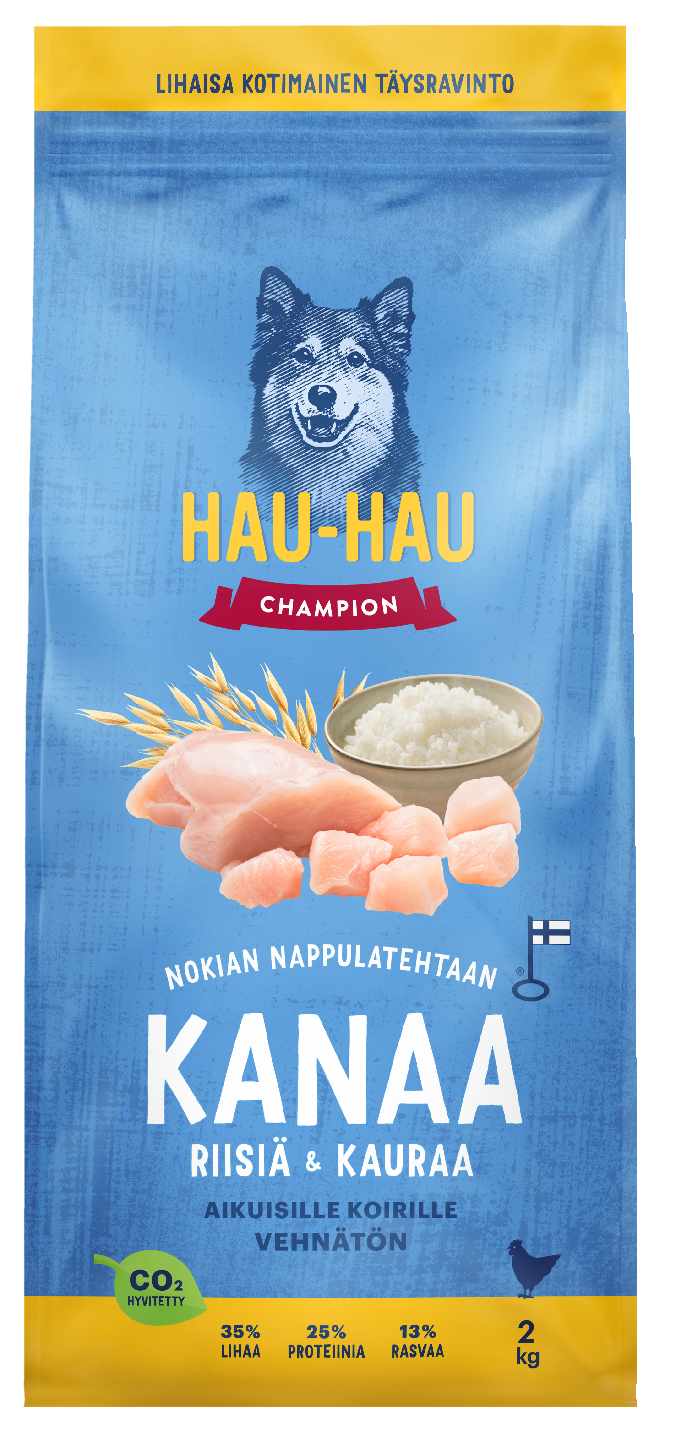 Hau-Hau Champion Nokian nappulatehtaan Kana-riisi-kaura täysravinto aikuisille koirille 2 kg