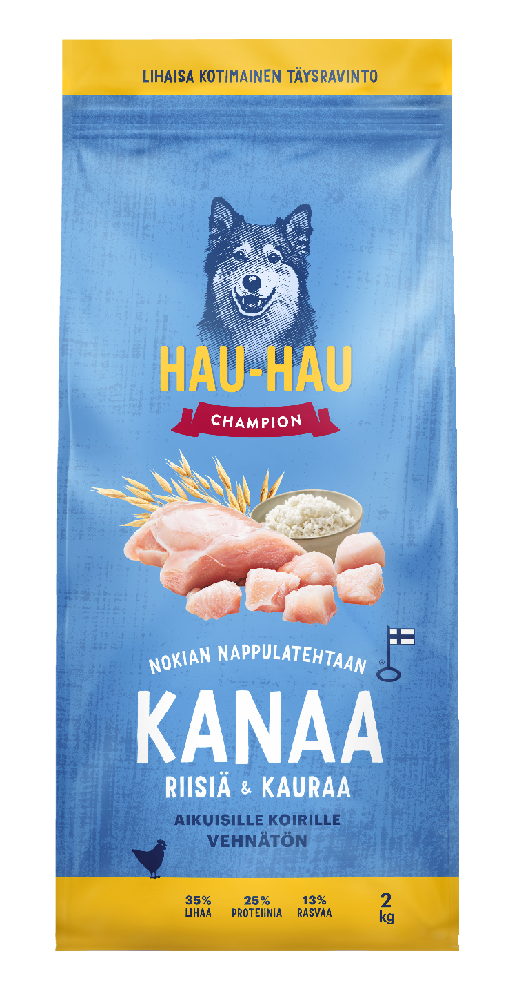 Hau-Hau Champion Nokian nappulatehtaan Kana-riisi-kaura täysravinto aikuisille koirille 2 kg