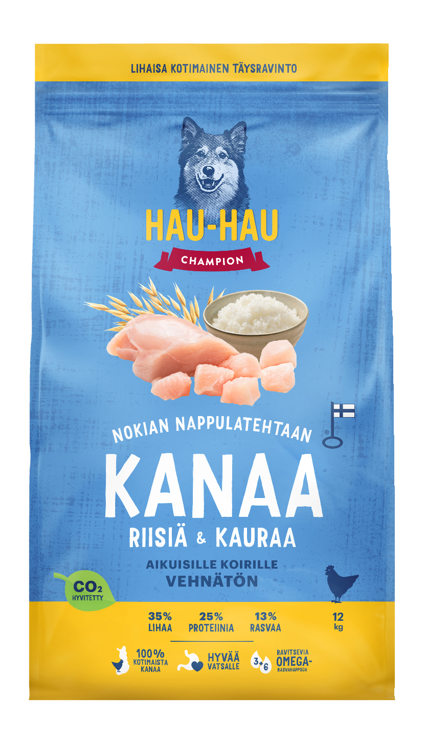 Hau-Hau Champion Nokian nappulatehtaan Kana-riisi-kaura täysravinto aikuisille koirille 12 kg