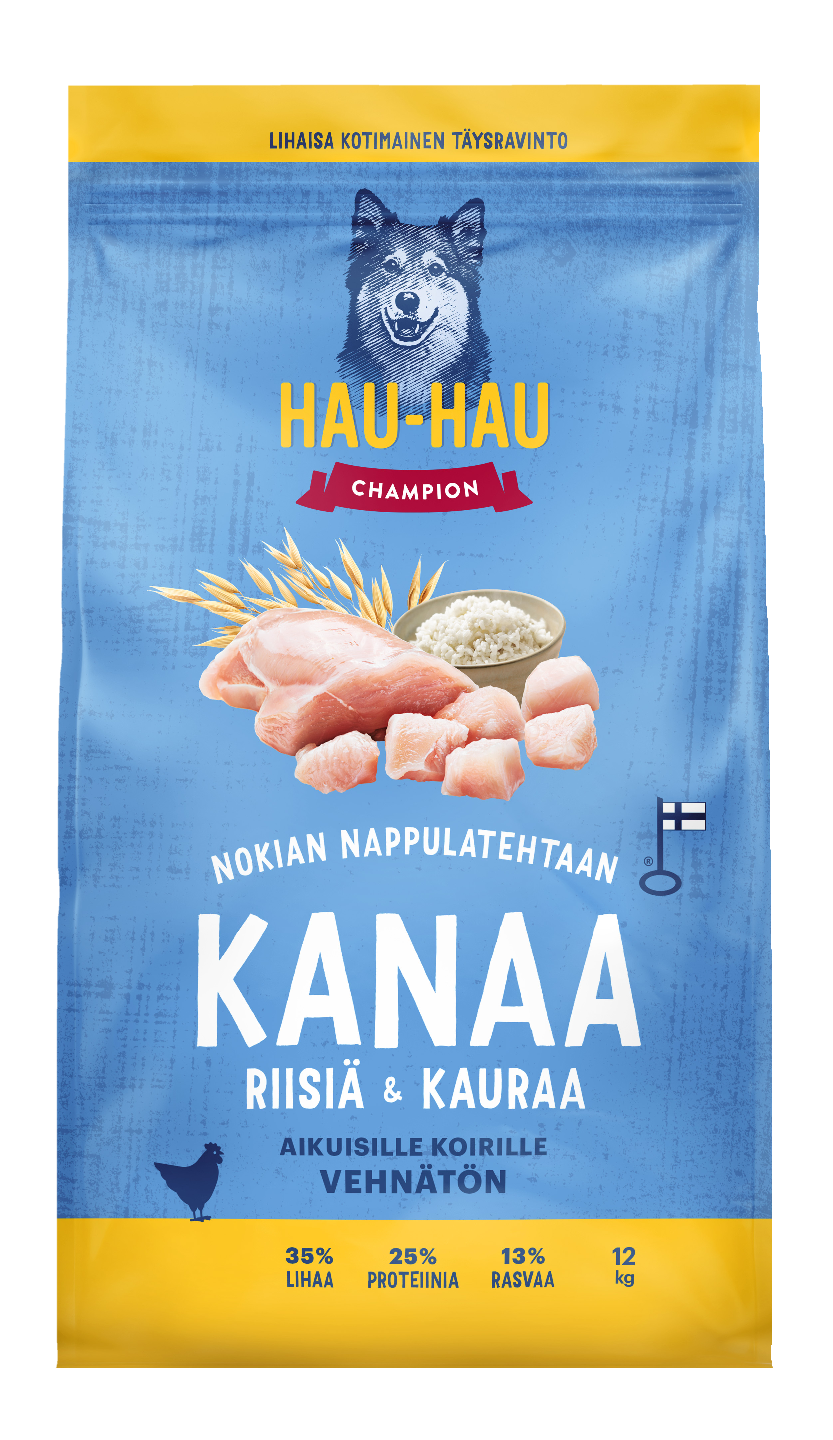 Hau-Hau Champion Nokian nappulatehtaan Kana-riisi-kaura täysravinto aikuisille koirille 12 kg