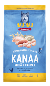 Hau-Hau Champion Nokian nappulatehtaan Kana-riisi-kaura täysravinto aikuisille koirille 12 kg