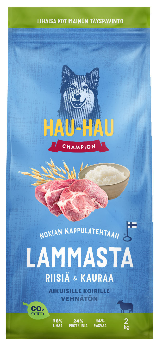 Hau-Hau Champion Nokian nappulatehtaan Lammas-riisi-kaura täysravinto aikuisille koirille 2kg