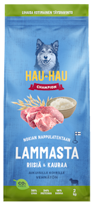 Hau-Hau Champion Nokian nappulatehtaan Lammas-riisi-kaura aikuisille koirille 2kg PUOLILAVA