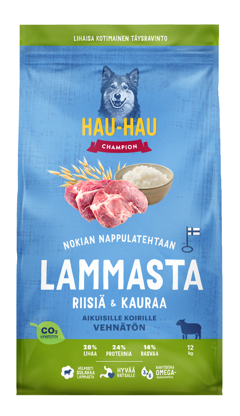 Hau-Hau Champion Nokian nappulatehtaan Lammas-riisi-kaura täysravinto aikuisille koirille 12kg