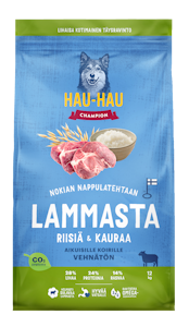 Hau-Hau Champion Nokian nappulatehtaan Lammas-riisi-kaura täysravinto aikuisille koirille 12kg