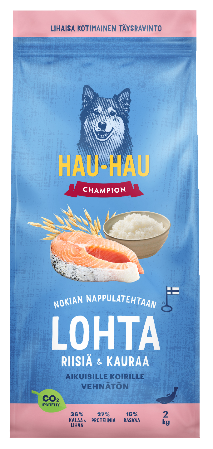 Hau-Hau Champion Nokian nappulatehtaan Lohi-riisi-kaura täysravinto aikuisille koirille 2 kg