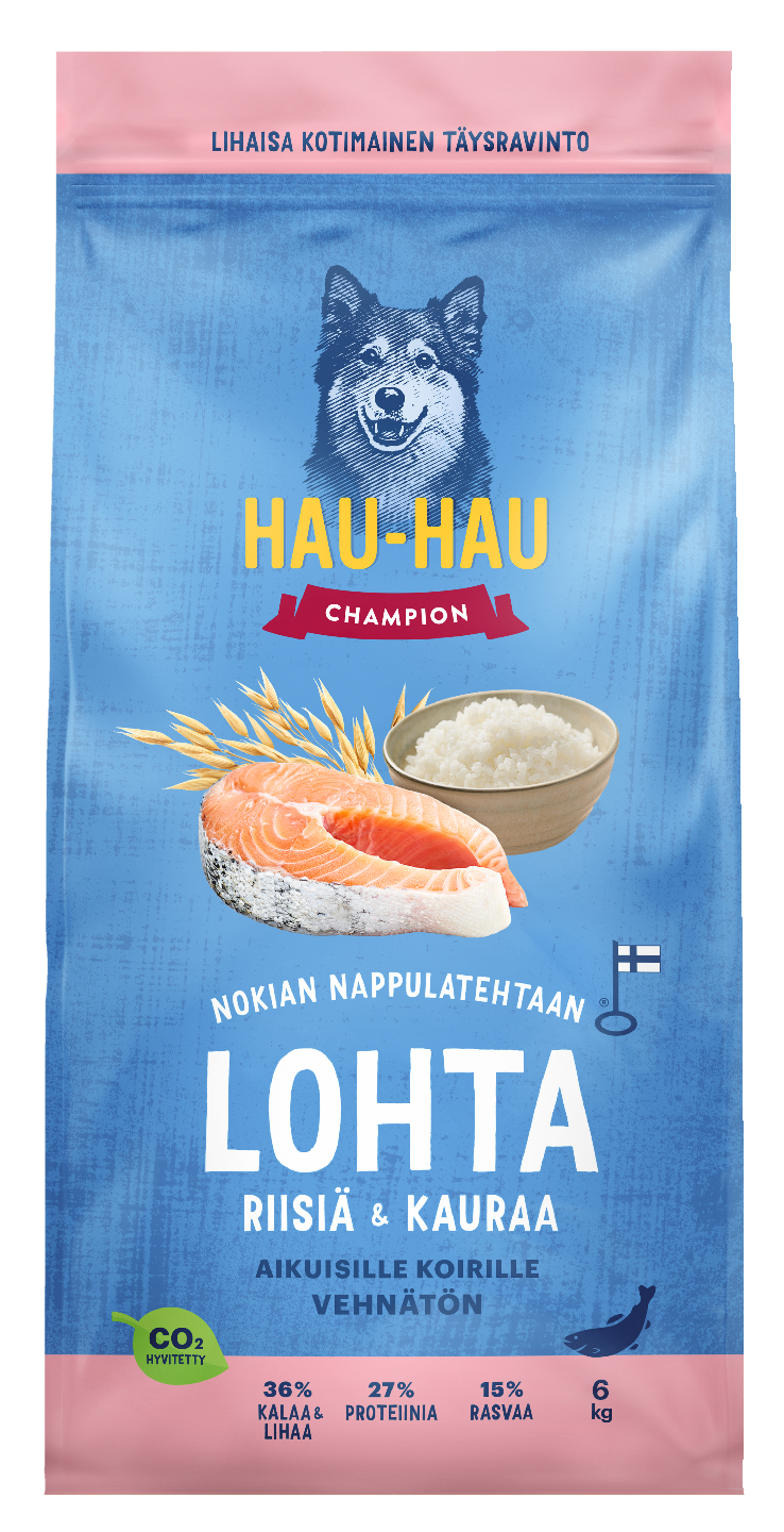 Hau-Hau Champion Nokian nappulatehtaan Lohi-riisi-kaura täysravinto aikuisille koirille 6 kg