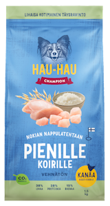 Hau-Hau Champion Nokian nappulatehtaan Kana-riisi-kaura täysravinto pienille aikuisille koiril 1,5kg