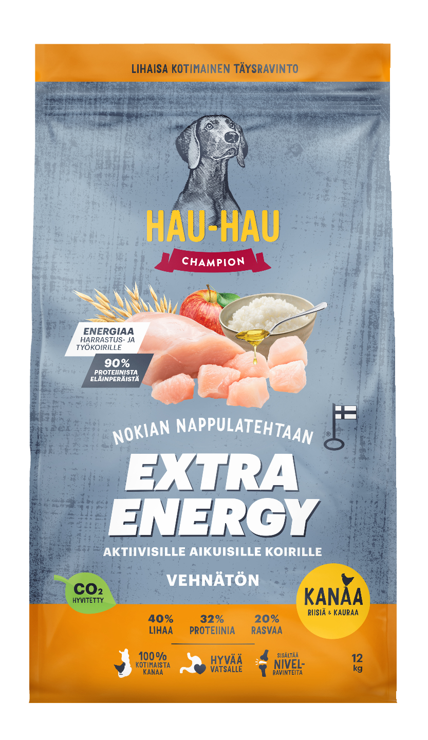 Hau-Hau Champion täysravinto 12kg extra energy kanaa, riisiä & kauraa