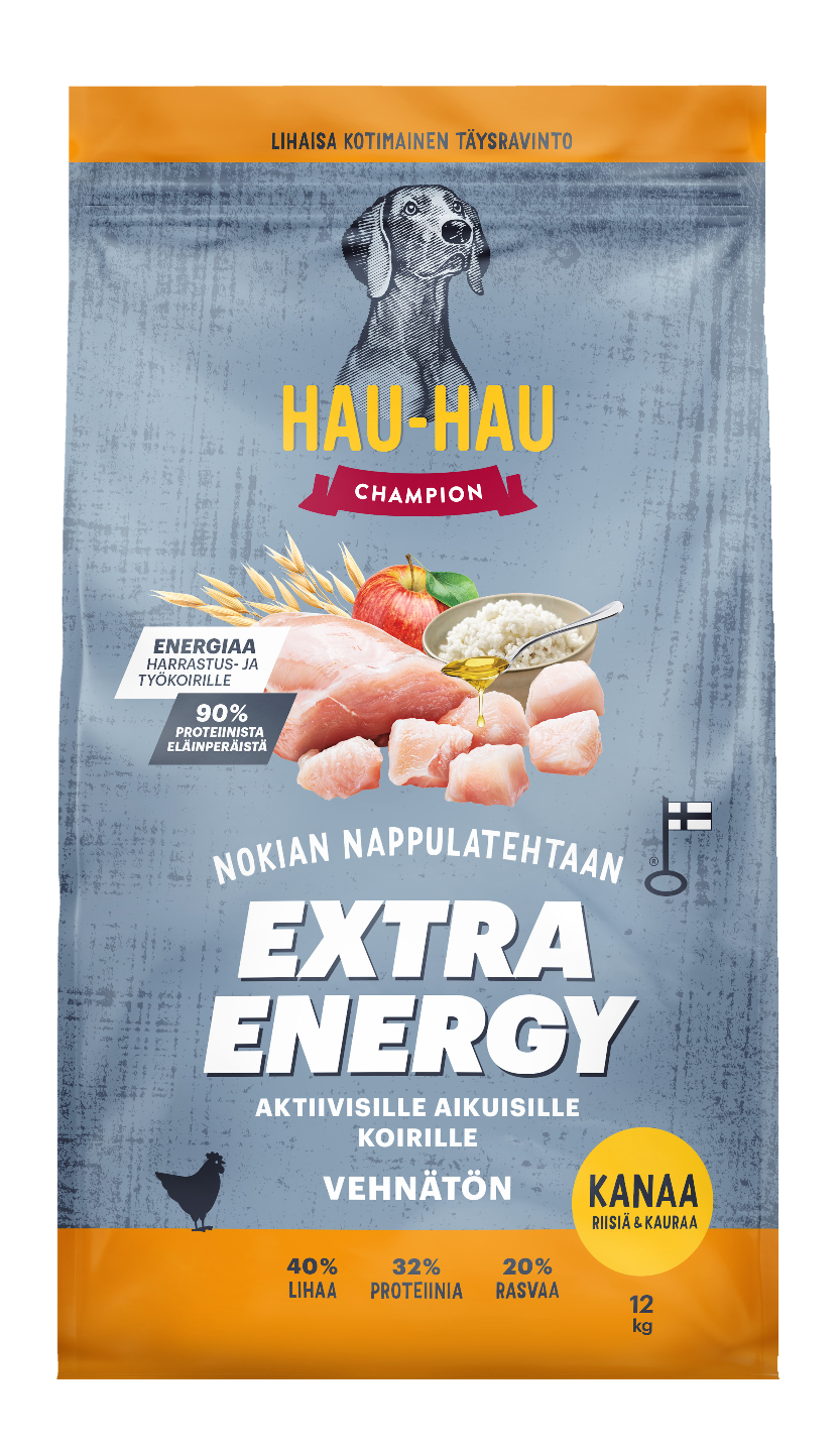 Hau-Hau Champion täysravinto 12kg extra energy kanaa, riisiä & kauraa