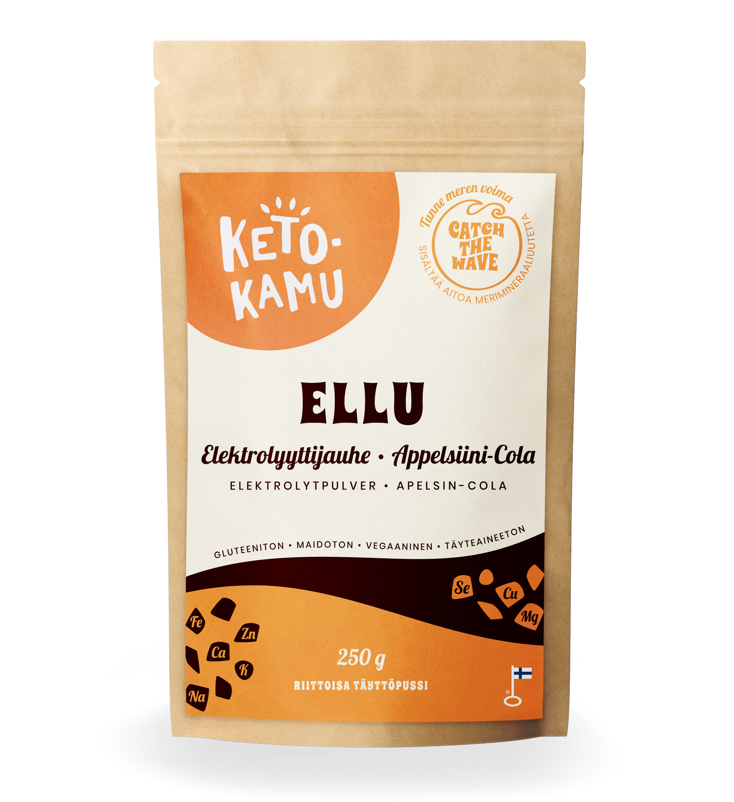 Ketokamu Ellu-elektrolyyttijauhe täyttöpussi appelsiini-cola 250g