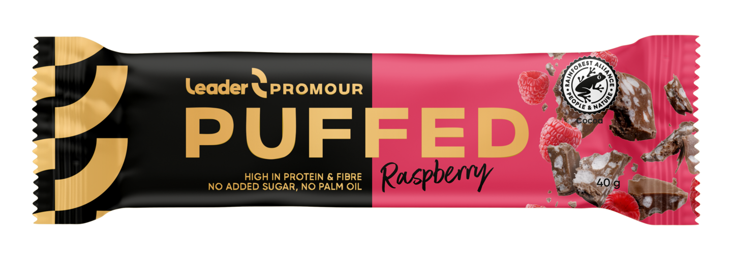 Leader Promour Puffed Raspberry riisisuklaaproteiinipatukka 40 g