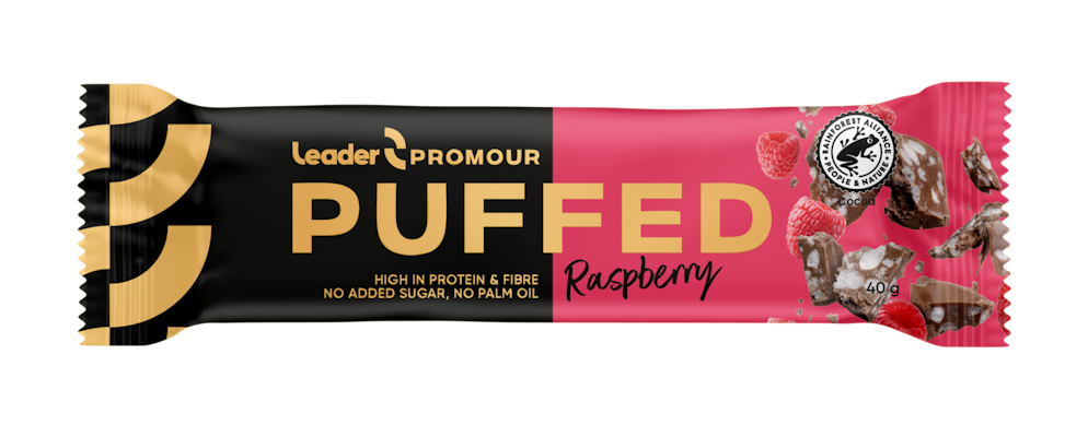 Leader Promour Puffed Raspberry riisisuklaaproteiinipatukka 40 g