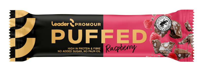 Leader Promour Puffed Raspberry riisisuklaaproteiinipatukka 40 g