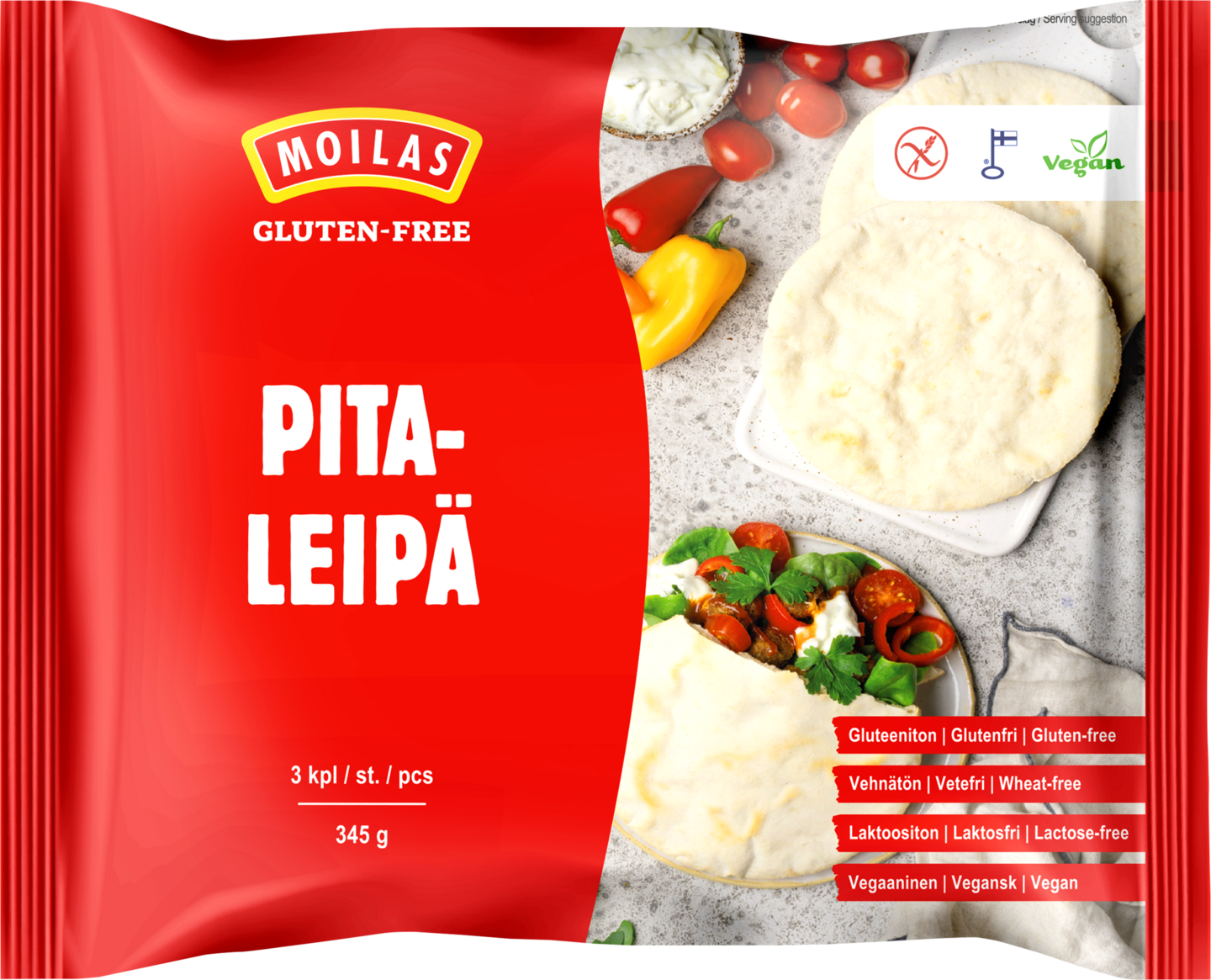 Moilas pitaleipä 3kpl 345g gluteeniton, pakaste