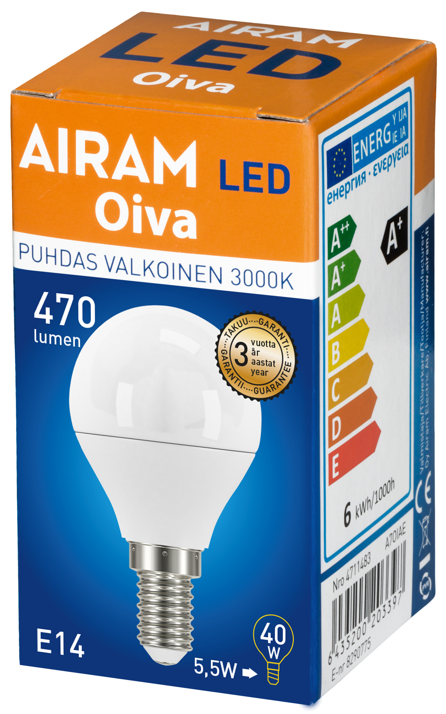 Airam Oiva LED mainos E14 470lm opal