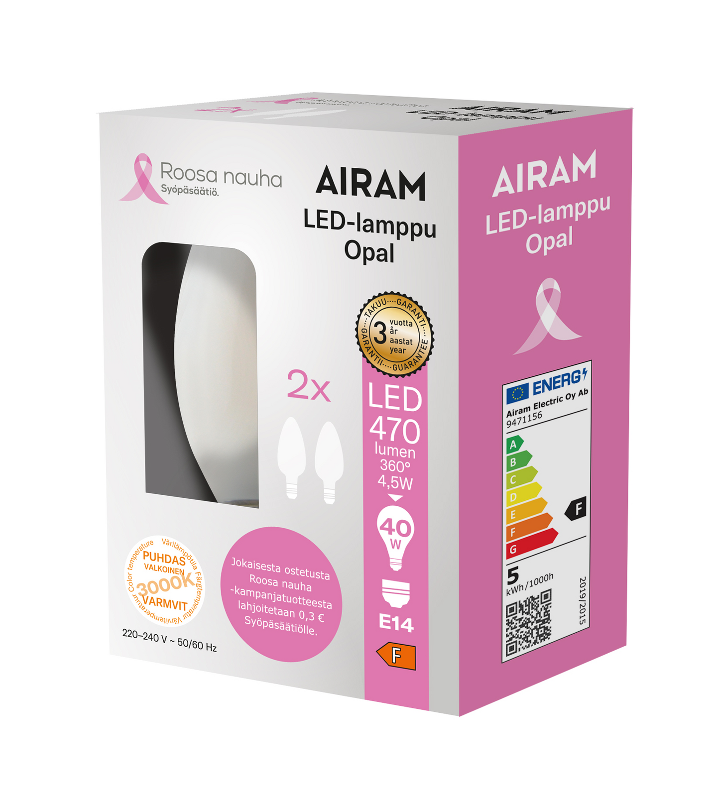 Airam Roosa nauha Led lamppu kynttilä C35 830 470lm E14 2BX