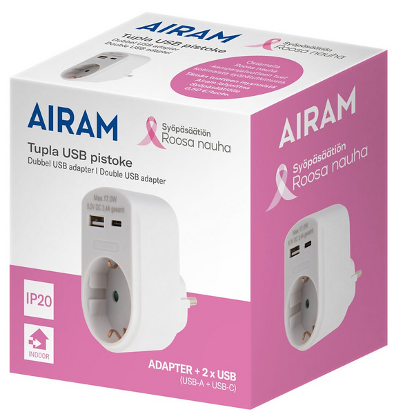 Airam Roosa nauha pistoke USB C+A