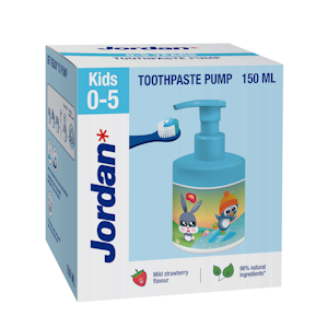 Jordan Kids 0-5-v lasten hammastahna pumppupullo Mild strawberry flavour 150ml