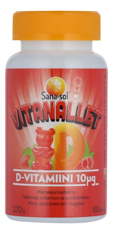 Sana-sol Vitanallet D-vitamiini 60kpl 10µg mansikka-vadelma