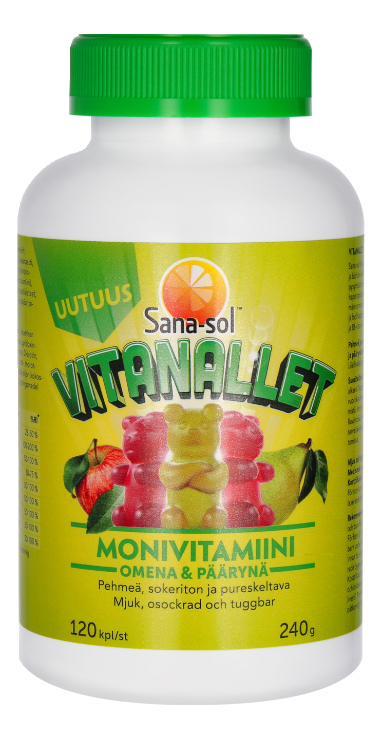 Sana-Sol Vitanallet Omena & Päärynä pehmeä, sokeriton ja pureskeltava monivitamiinivalmiste 120kpl