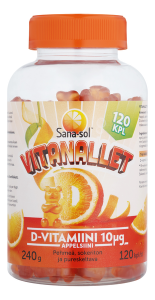 Sana-sol Vitanallet D-vitamiini 10µg appelsiini ravintolisä 240g DISPLAY