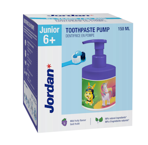 Jordan Junior 6+-vuotiaiden lasten hammastahna pumppupullo Mild fruity flavour 150ml