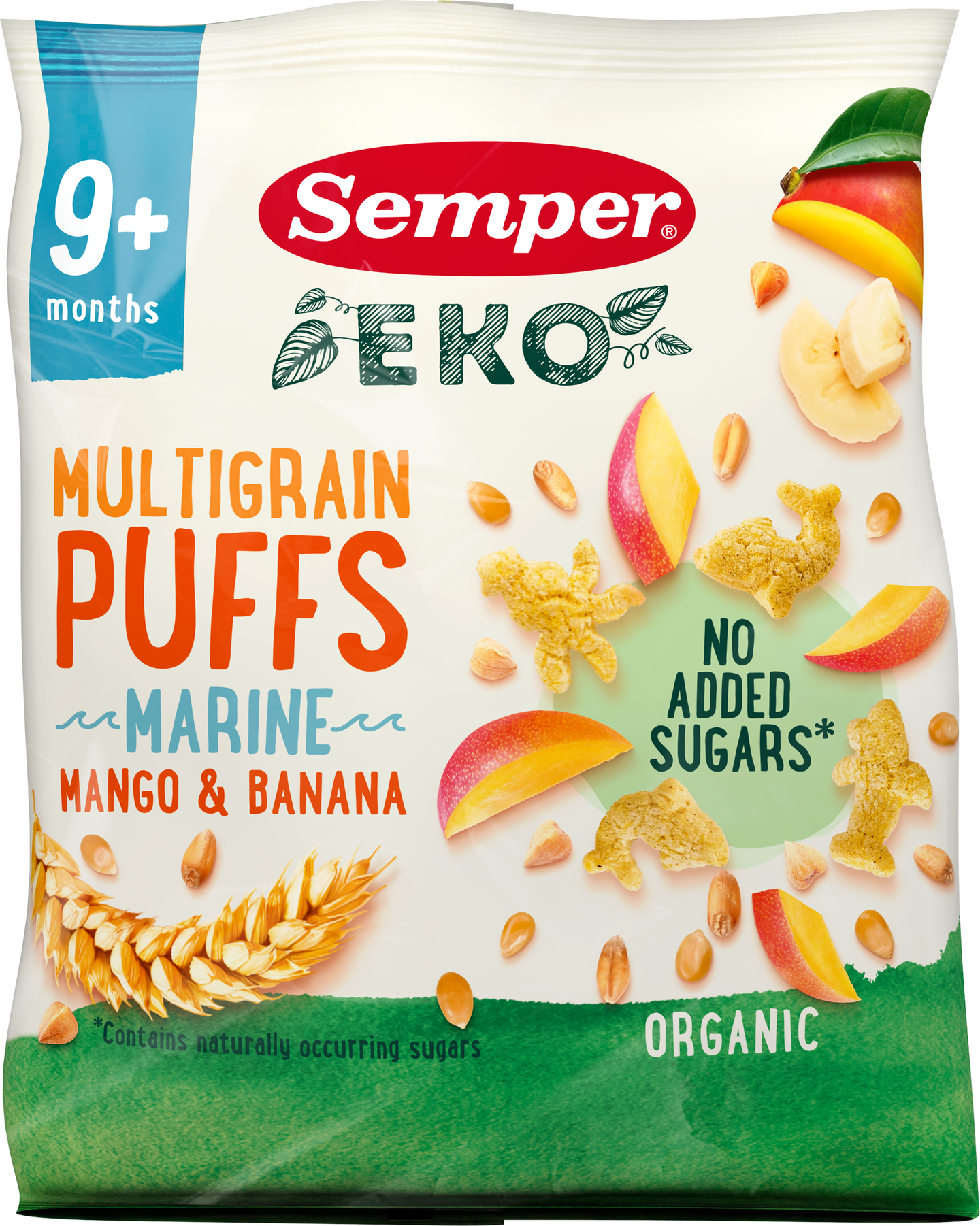 Semper EKO Multigrain Puffs Mango & Banaani luomunaksu lapsille 9+ kk 18g