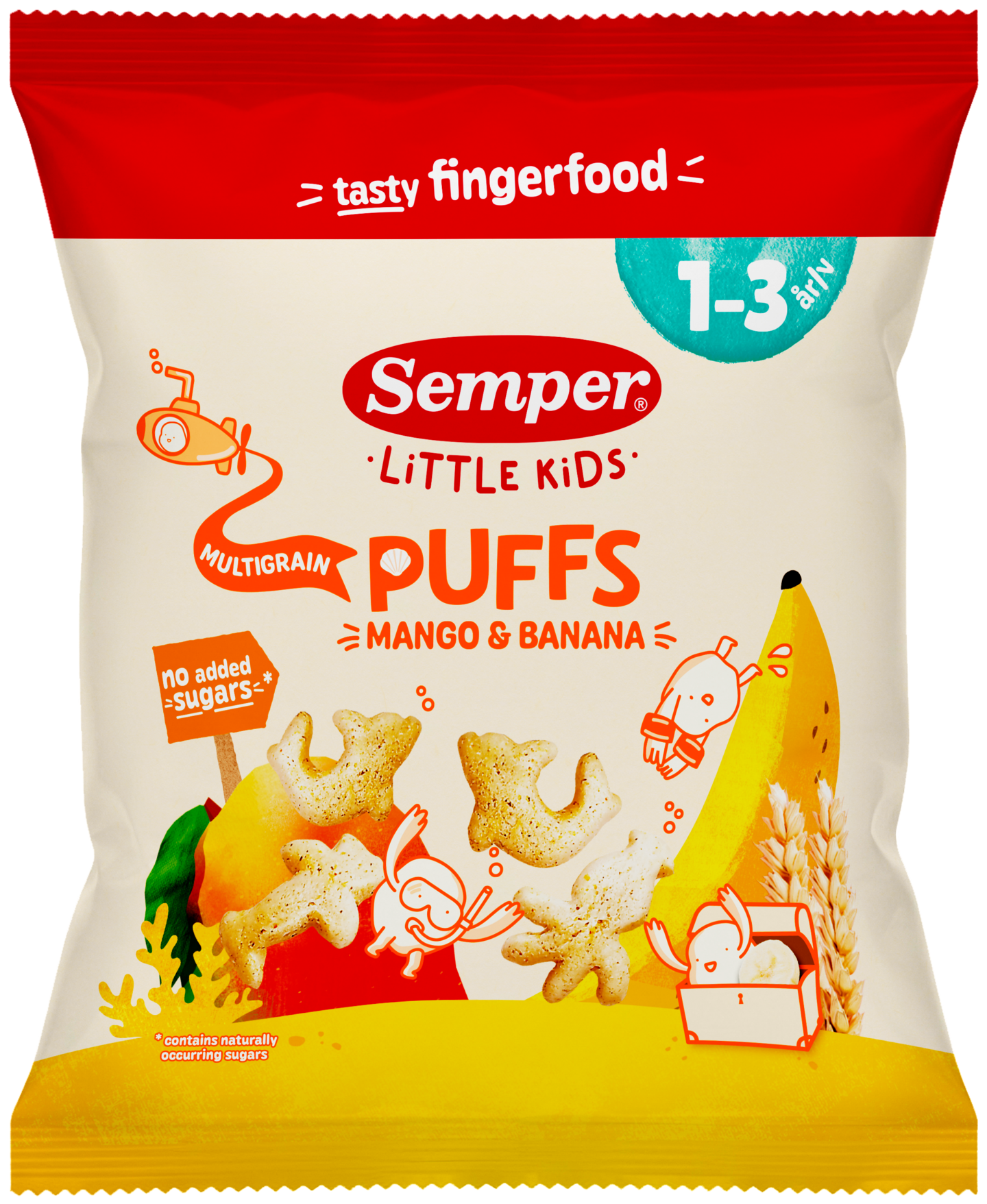 Semper Multigrain Puffs Mango & banana monivilja luomunaksu lapsille 1-3v 18g luomu