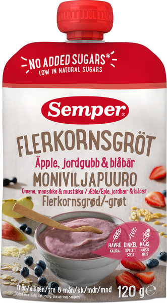 Semper Moniviljapuuro Omena, mansikka & mustikka 120g alkaen 8 kk käyttövalmis lastenpuuro