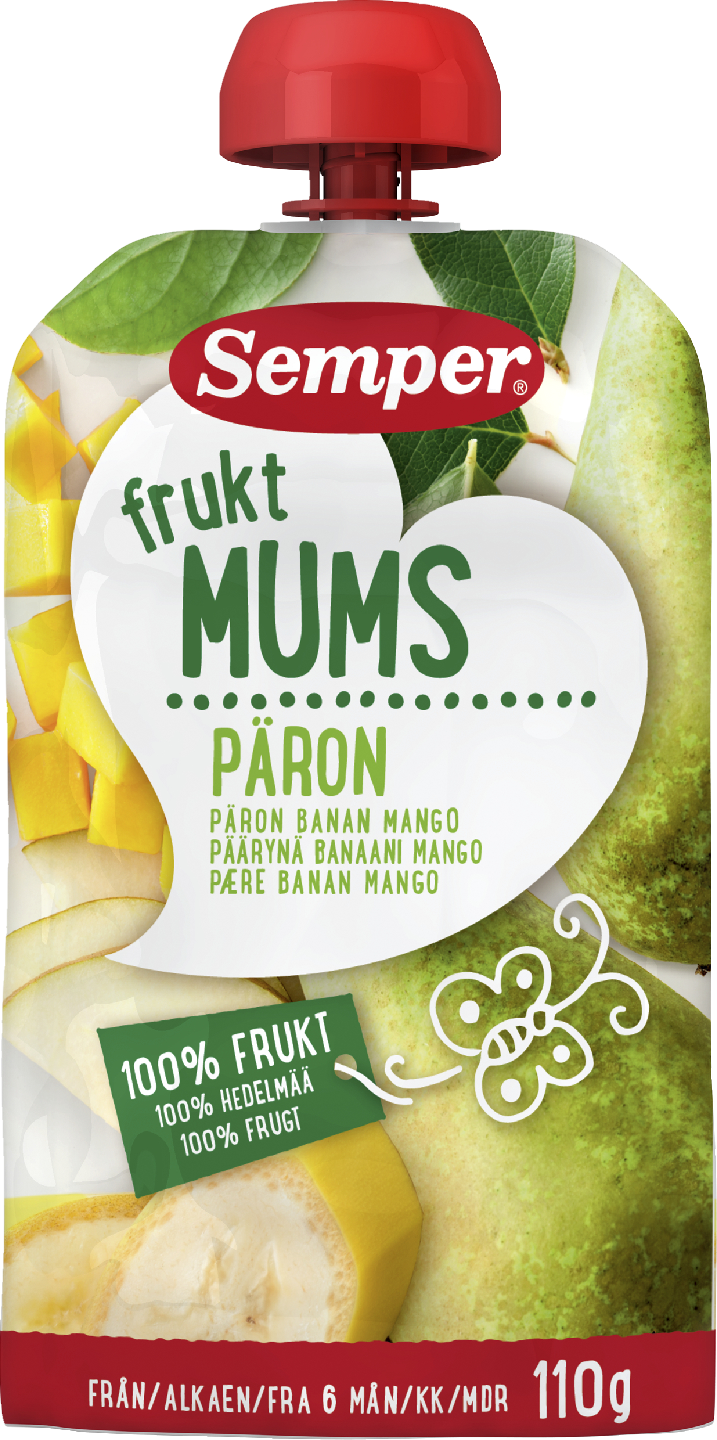 Semper 110g Fruktmums Päron päärynää, banaania ja mangoa alkaen 6 kk täyshedelmäsose