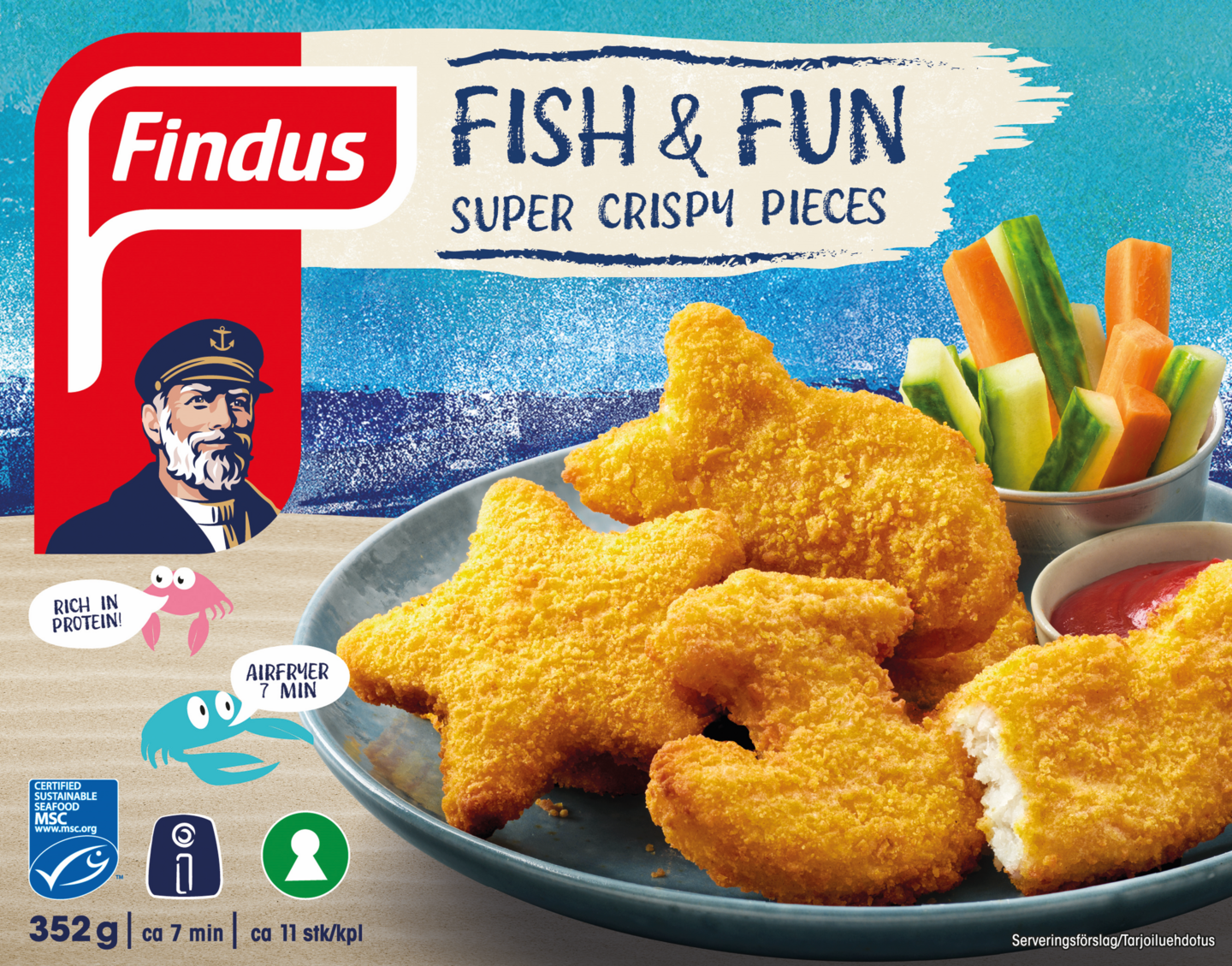 Findus Fish & Fun muotoiltu paneroitu kalafilee MSC 352g, esikypsennetty pakaste