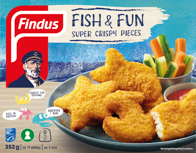 Findus Fish & Fun muotoiltu paneroitu kalafilee MSC 352g, esikypsennetty pakaste