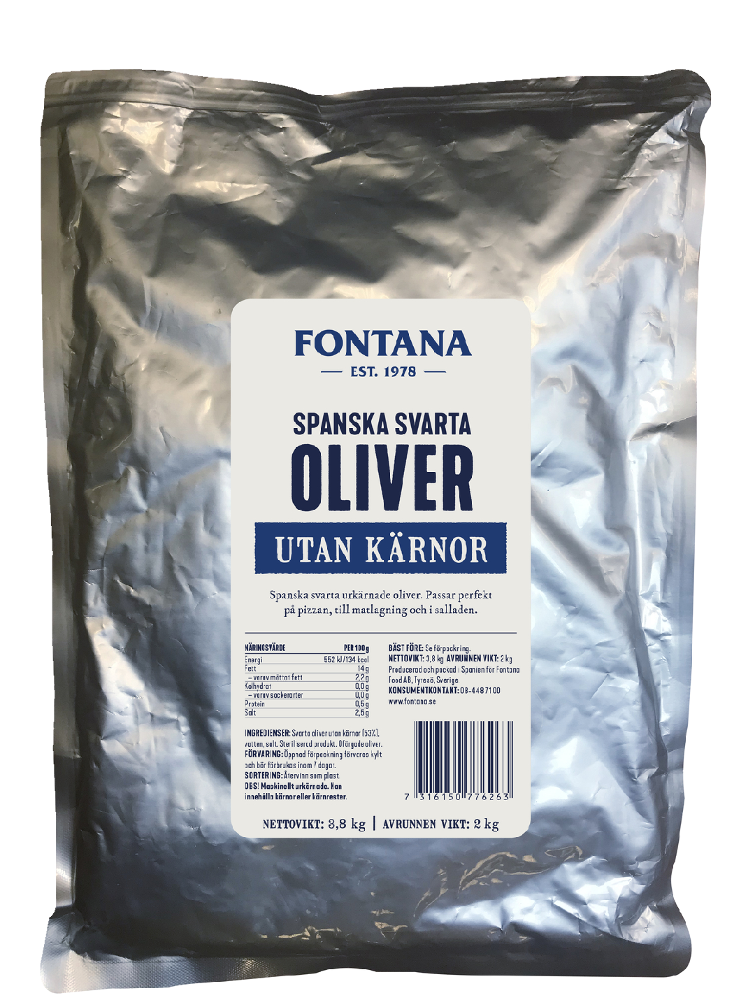 Fontana mustia kivettömiä oliiveja 3,8kg/2kg