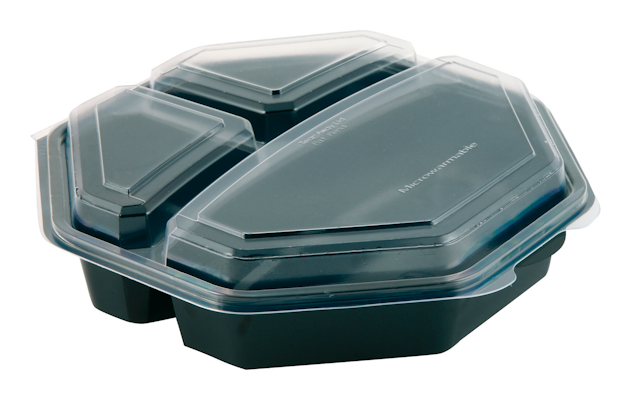 Biopak Octaview rasia 220/220/650ml 230x230x60mm 3-lokeroinen, musta/kirkas PS 30kpl