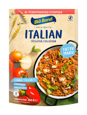 Blå Band laktoositon täysjyvä Italian pata XL perhepakkaus täysjyväspagetti-kasvis-mausteseos 265g