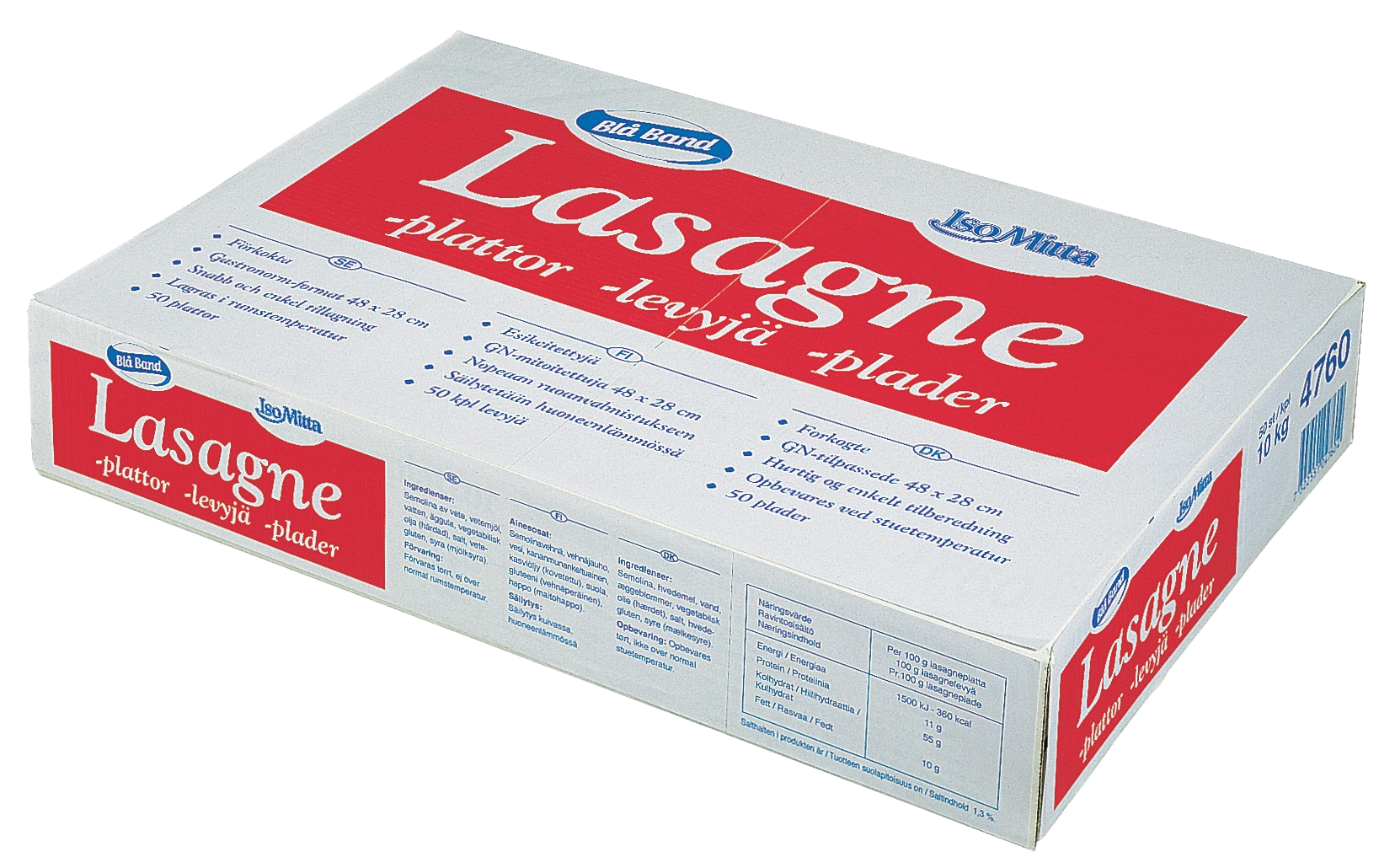 IsoMitta Lasagnelevy 1/1 GN-mitoitettu esikypsennetty 48x28cm 50kpl/10kg