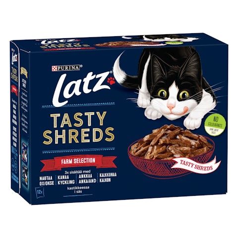 Latz Tasty Shreds Farm Selection 12x80g nautaa kanaa ankkaa kalkkkunaa