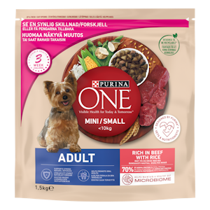 Purina ONE 1,5kg Small Dog Adult Runsaasti Nautaa sisältää Riisiä